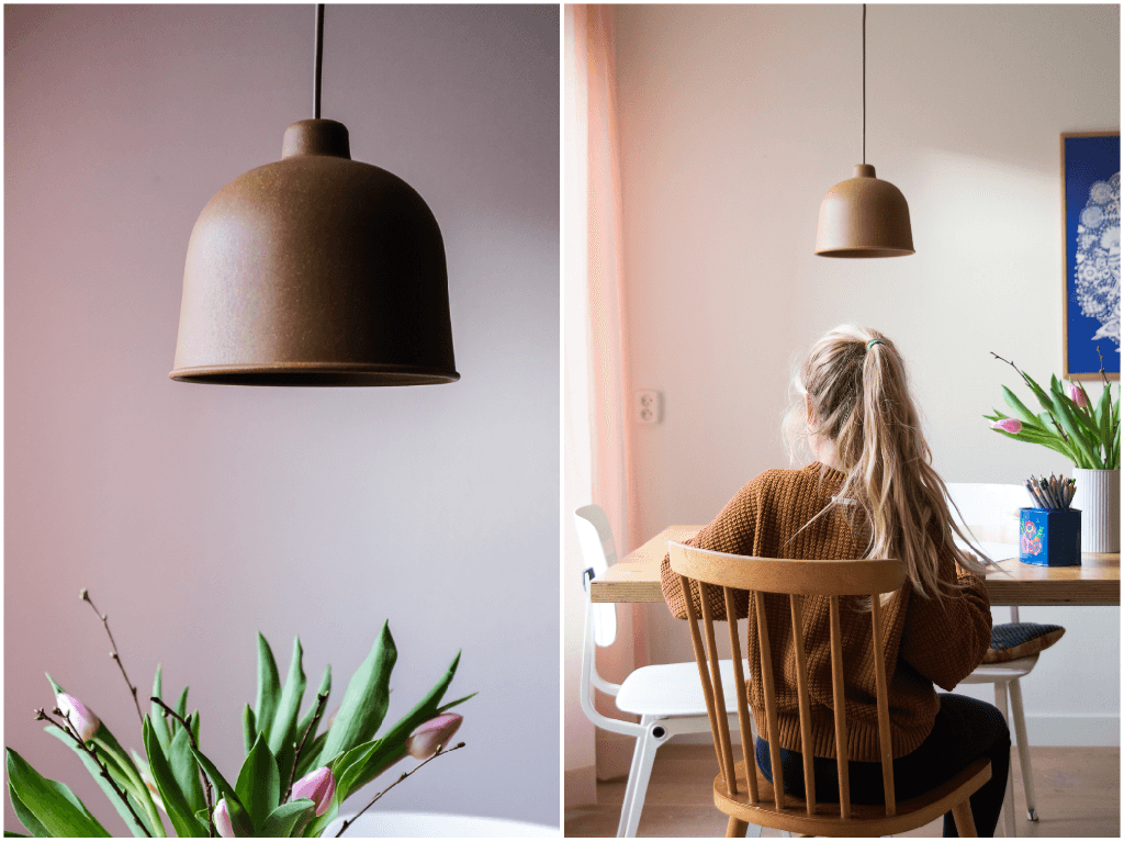 Bruine Muuto Grain lampen en poederroze gordijnen, een perfecte combinatie - www.wimke.nl